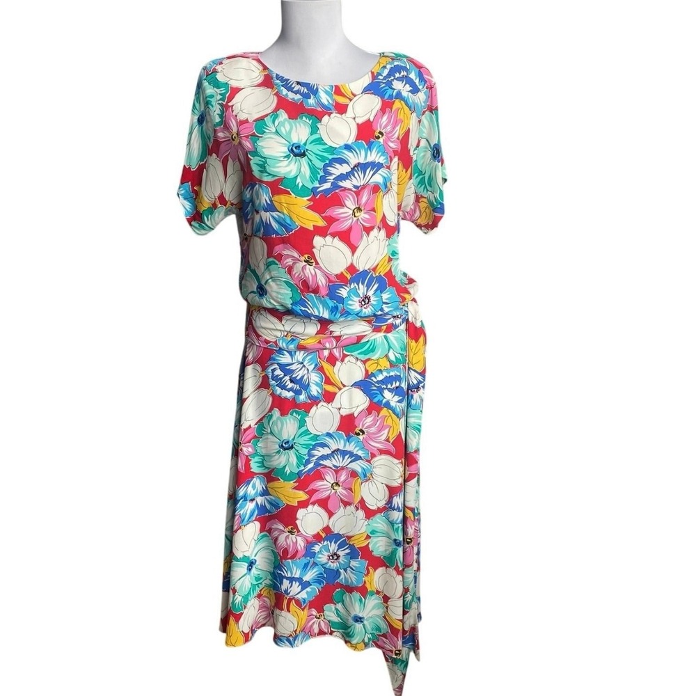 VTG 70s 80s The Kollection Floral Midi Dress SZ 6 Wide Sash Tie Resort Tropical - Picture 2 of 12